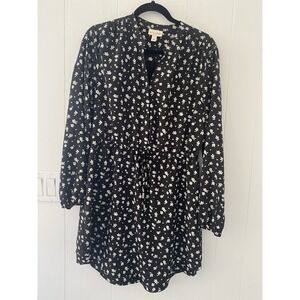 Maison Jules Printed Black & White Floral Dress Split Neckline Waist Tie Sz L